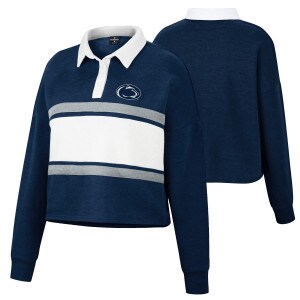 women's navy long sleeve rugby shirt with Penn State Athletic Logo and stripes